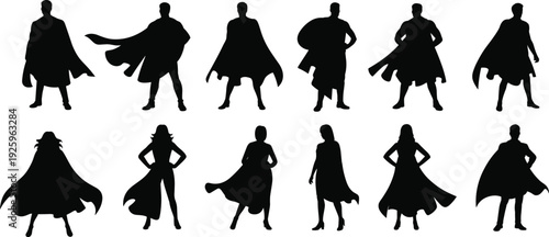 Superhero silhouettes set of male and female figures with flowing capes isolated on white background, powerful comic style vector illustration collection for fantasy design