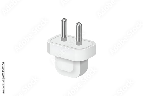White electrical plug with silver prongs on transparent background