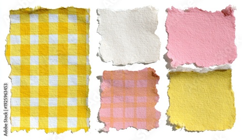 Five torn paper pieces one yellow plaid, cream, pink, orange plaid, and yellow