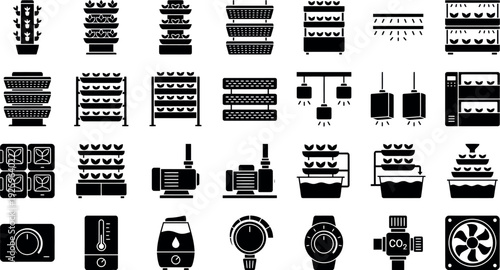 Collection of Hydroponic Systems and Related Equipment Icons.