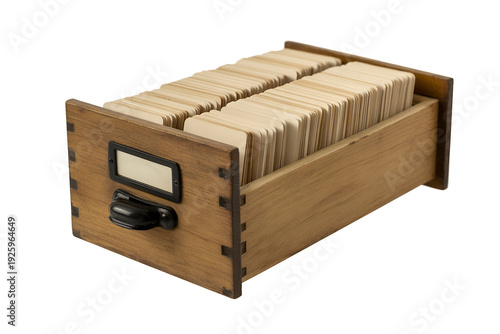 Vintage wooden card catalog box with labeled drawerisolated on transparent background
