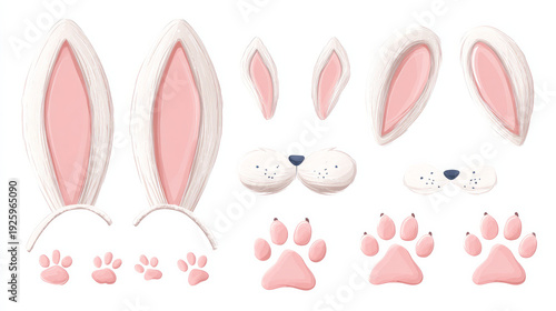 Isolated on a white background are an adorable set of rabbit ears, muzzles, and paws. decorations for a celebration banner, greeting or invitation card, photo session, or Easter party. Flat vector ill