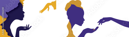 Human rights silhouette icon set. Includes freedom, equality, justice, civil rights symbols. Created in colored style with purple, yellow, and blue palette
