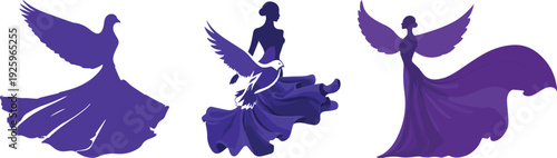 Purple fairy silhouettes icon set. Includes 3 fairy icons. Created in flat style with purple color.