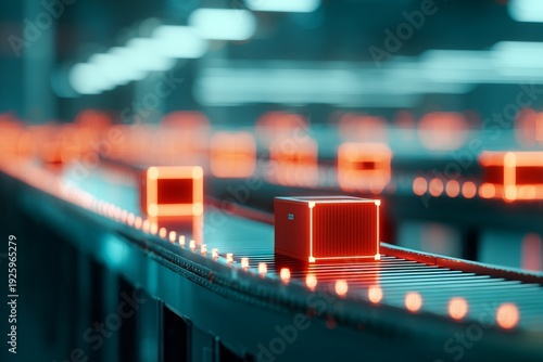 glowing packages moving on an automated conveyor belt/production line, high-tech logistics, smart factories, and modern supply chain solutions in marketing, presentations, or editorial content