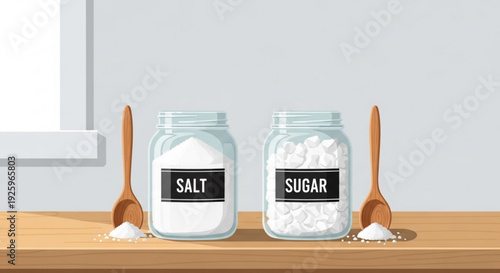 Glass jars of salt and sugar on a wooden countertop with wooden spoons kitchen ingredients for cooking and baking