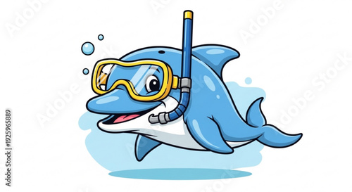 Smiling cartoon dolphin wearing yellow scuba diving goggles and snorkel swimming underwater with bubbles