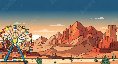 Vibrant ferris wheel in desert landscape with rocky mountains and cacti at dusk with stars