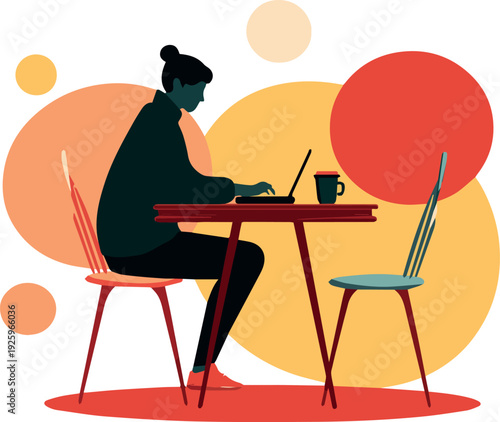 woman working on laptop at table with coffee