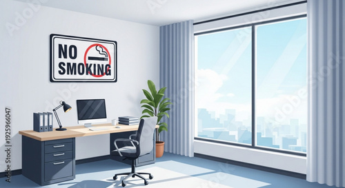 Modern office interior with no smoking sign on wall near desk and window