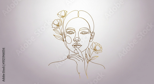 Woman with flowers in hair elegant line art portrait minimalist illustration gold lines on gray background serene expression hand