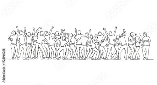 Group of diverse people dancing and celebrating together in a lively continuous line drawing illustration