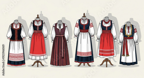 Traditional european dresses on mannequins in red white and black colors with intricate designs and patterns on a beige background