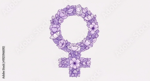 Purple venus symbol made of flowers female sign with floral wreath women's rights and empowerment concept lavender and violet hues on light