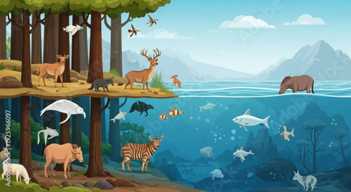 Diverse animals in their natural habitats forest and ocean ecosystem with various wildlife mountains in background sunny day