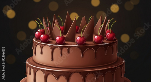 Chocolate cake with cherries and chocolate drizzle on two tiered plate at night