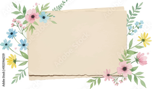 A beautiful floral design with colorful flowers and green leaves on a beige background