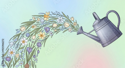 Watering can pouring colorful flowers and green leaves in pastel gradient background with blooming florals