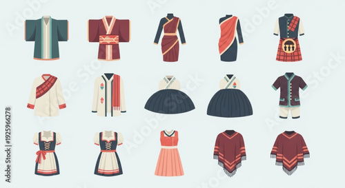 Traditional clothing and dresses from various cultures vector illustration set colorful ethnic wear
