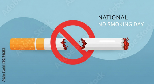 National no smoking day banner with broken cigarette and red prohibition sign on blue background