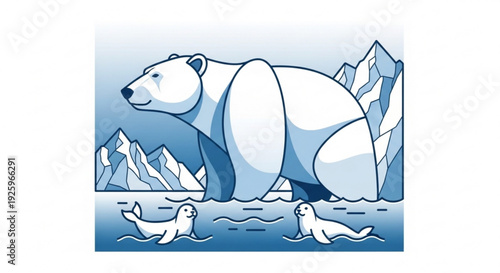 Polar bear and seals in arctic ice landscape with glaciers and icy water environment