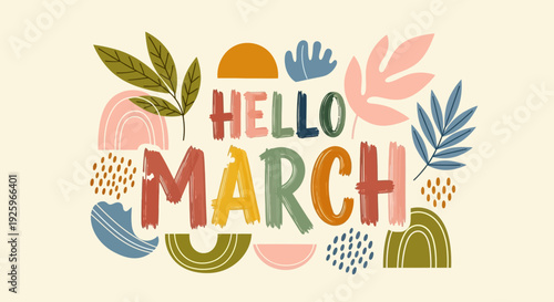 Colorful Hello March Text with Leaves 1.