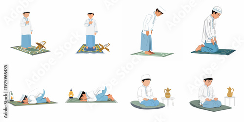 Young Muslim man performing Islamic prayer (Salat) in various postures, including standing, bowing, prostrating, and sitting, demonstrating devotion on a prayer mat.