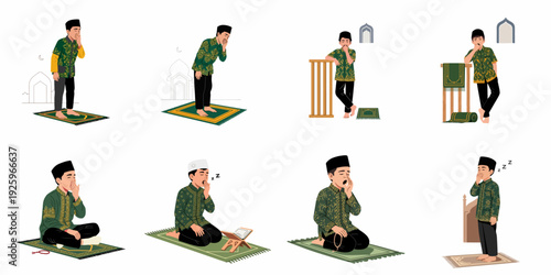Muslim men yawning and feeling sleepy during prayer or religious devotion, illustrating fatigue during spiritual activities like Ramadan or early morning worship.