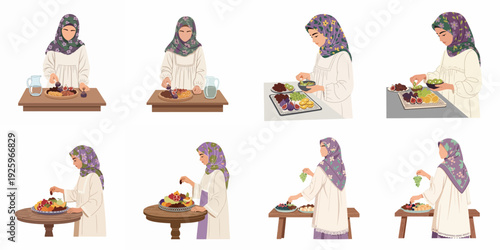 Muslim woman in hijab preparing assorted fresh fruit and dates for a healthy meal or festive occasion.