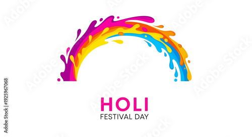 Vibrant illustration of Holi Festival Day with colorful paint splashes forming a rainbow arc on a white background