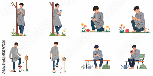 Young man in traditional attire using smartphone outdoors in various relaxed settings, blending modern technology with nature's tranquility.
