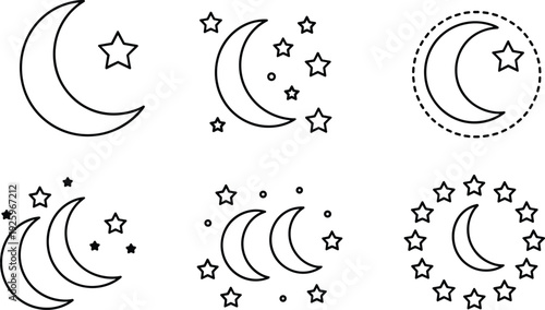 Crescent moon and stars outline icon collection, celestial night sky vector set with minimalist black line art illustrations isolated on white background