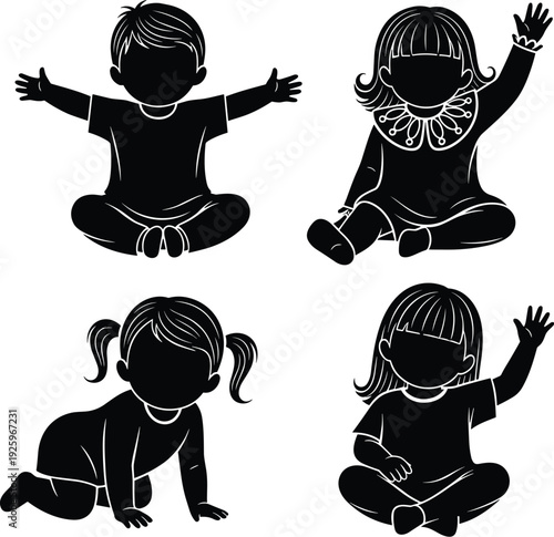 Cute baby silhouettes set of four sitting and crawling toddlers isolated on white background, black vector illustration for nursery design and parenting concept