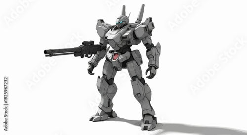 High detail vector illustration set of futuristic combat robots and mecha characters in various poses and designs. Clean isolated composition suitable for science fiction themes, game assets, technolo