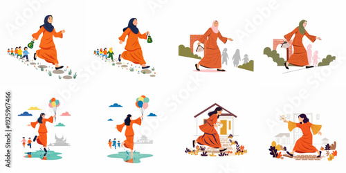 Vibrant illustrations depicting women celebrating cultural festivities with family and children, featuring traditional attire and joyful activities like giving money packets and playing.