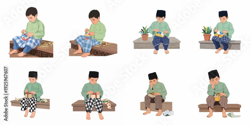 Joyful Malay boy in traditional attire unwrapping gifts, discovering toy cars during Eid celebration, representing childhood happiness and cultural traditions.