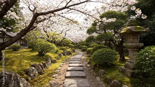 Serene Japanese Garden Pathway Lined with Blooming Cherry Blossoms and Stone Lantern