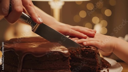 Hands cutting a chocolate cake with a large knife indoors