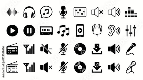 Collection of modern audio and music icons for digital media projects