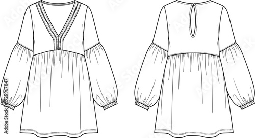 Front and back view of women tunic dress with long sleeves and decorative neckline, representing fashion apparel design, clothing template, garment sketch, and stylish outfit illustration.