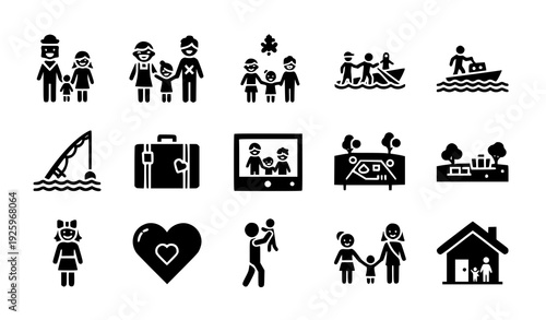 Family Tourism and Relationship Solid Glyph Icons Vector Set