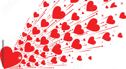 A vibrant illustration of red hearts exploding in a dynamic pattern