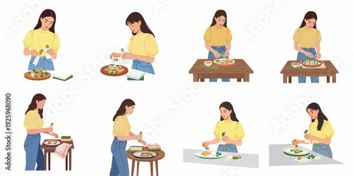 A woman preparing fresh spring rolls with vegetables, demonstrating the step-by-step process of making healthy homemade Asian cuisine.