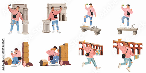 Stylish young male tourist taking selfies and exploring ancient historical sites, capturing travel memories with his smartphone in a European city like Rome.