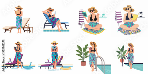 Collection of illustrations depicting a woman relaxing and reading by the pool or on a lounge chair, enjoying her summer vacation in various tranquil poses.