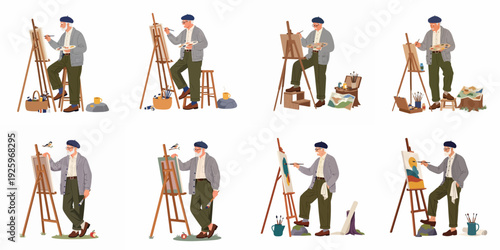Elderly Man Painting Collection: A Senior Artist Engaged in Various Creative Activities with Easel, Palette, Brushes, and Art Supplies in Different Settings.