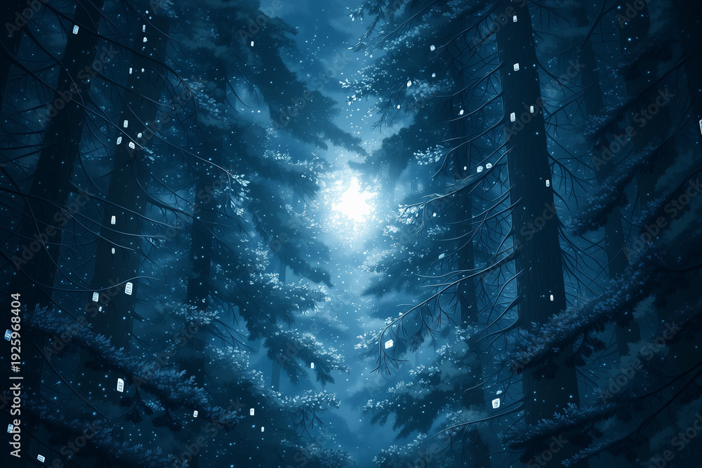Obraz premium Teal Digital Forest Canopy with Christmas Tree Silhouette Golden Particles and Glowing Screens 