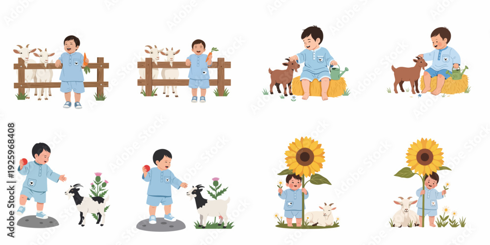 Fototapeta premium Joyful Little Boy Interacting with Goats on a Farm: A Collection of Childhood Moments.