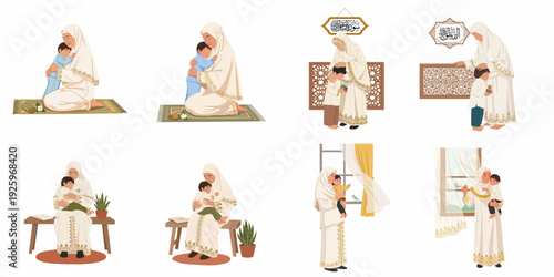 Heartwarming illustrations depicting the loving bond and daily life of a Muslim mother and her children, showcasing moments of prayer, affection, and care.