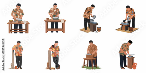 Traditional Knife Sharpening: A Collection of Illustrations Featuring a Man Honing Various Blades with Whetstones and Grinding Tools.